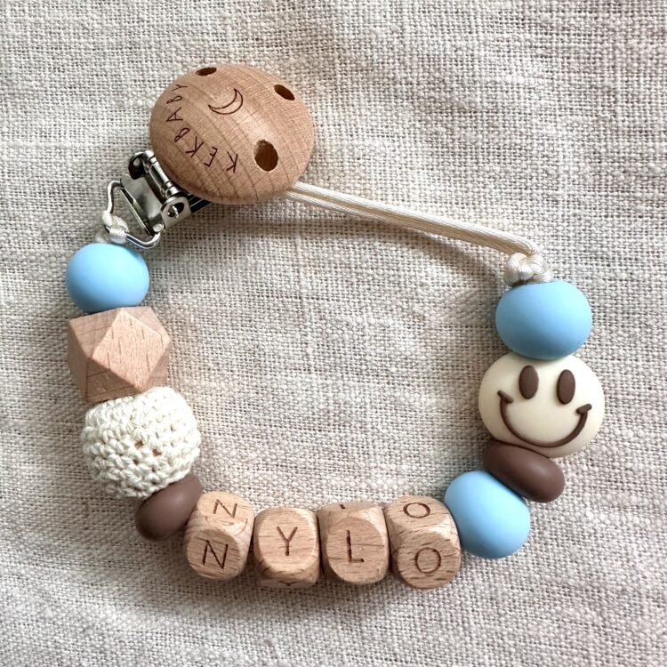 Speenkoord blauw met creme smiley